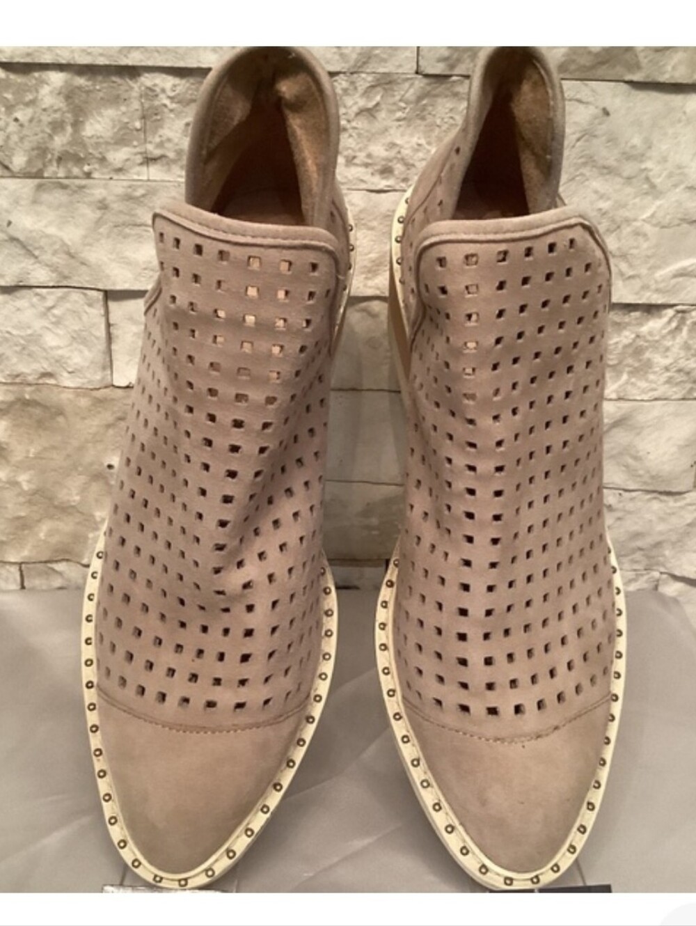Cecelia New York Georgie Wedge Almond Toe Ankle Boots Laser Cut Mesh Lattice